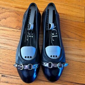 AGL Women’s Italian Leather Ballet Shoes Dark Navy Size 7.5 Patent Cap Toe GUC